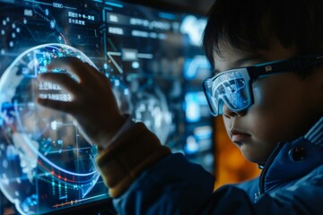 Young boy in protective glasses looking at a futuristic display.