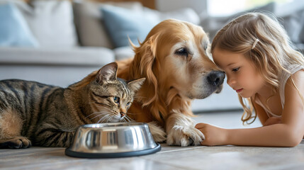 Tender Moment Among Girl, Cat, and Dog with Food Bowls at Home