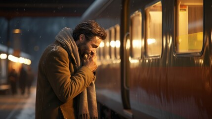 Middle aged man wiping tears on station platform after emotional farewell to loved one
