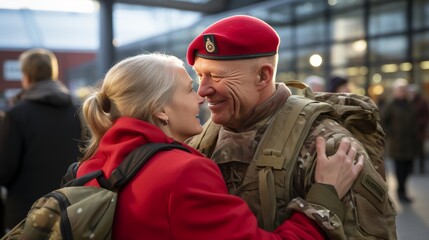 Fototapeta premium Emotional farewell as crowd bids goodbye to military personnel at station, feeling separation pain