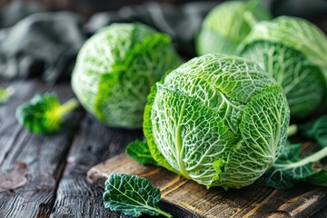 Three large green cabbage heads sit on a wooden cutting board. The cabbage is fresh and ready to be eaten
