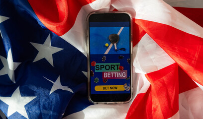 Mobile Esports - Web icon for games, websites and social media. Red and blue screen smartphone on usa flag background. illustration.
