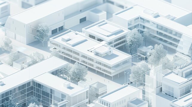 A minimalistic B2B aerial view of a complex hospital and healthcare facility, frosted glass texture, white background, sleek and modern design, simplified structures, clean lines, ample whitespace, pr