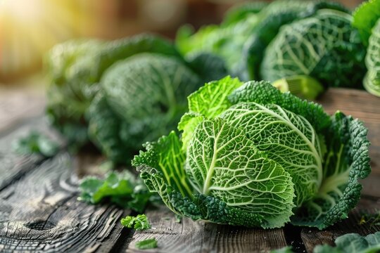 A bunch of green cabbage is on a wooden table. The leaves are large and leafy, and the cabbage is fresh and vibrant