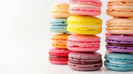 Fototapeta premium Vibrant Macaroons on white backdrop with space for design