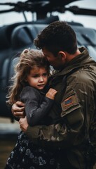 Fototapeta premium Emotional farewell at military airfield soldier embracing tearful wife and child before departure