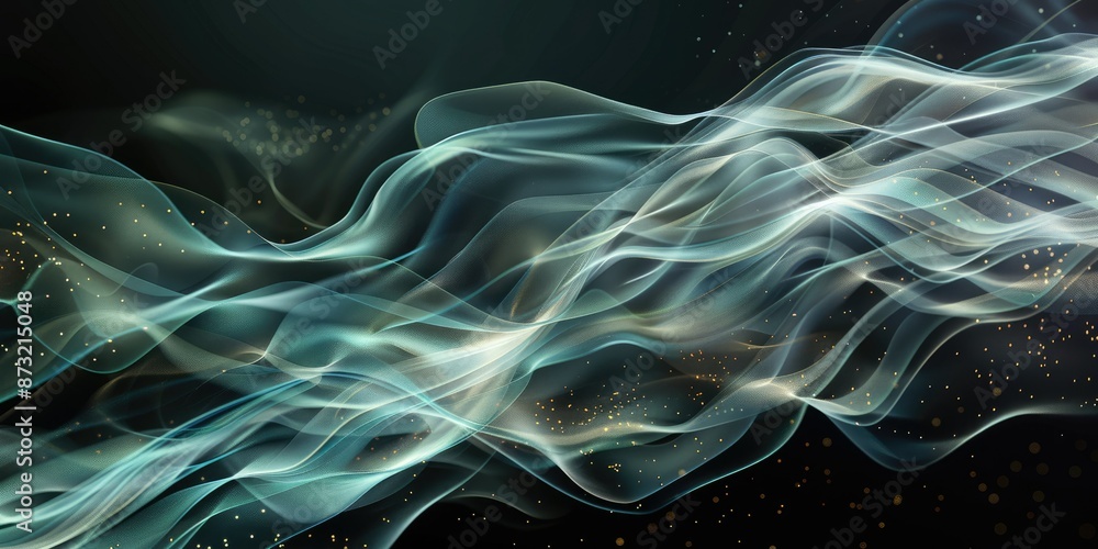 Poster mesmerizing colorful light waves intertwining against a dark cosmic background, representing dynamic