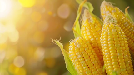 A close-up of a fresh, yellow corns, ready for harvest from a green, organic field.
