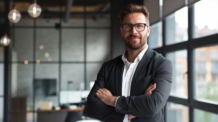 Fototapeta premium Confident businessman in glasses standing with arms crossed in a modern office with bright lighting.