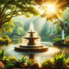 Fountain in the middle of the lake under sunlight