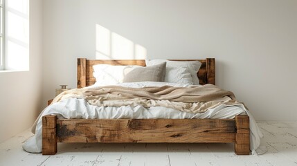 Rustic Wooden Bed in Sunny Bedroom Interior