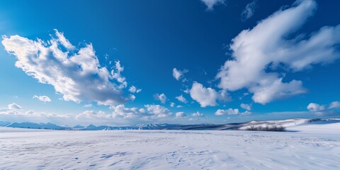 Fototapeta premium panoramic scene capturing the serene beauty of a winter landscape under a bright blue sky with crisp white clouds. The snow-covered ground and frosty trees add to the peaceful and pristine atmosphere