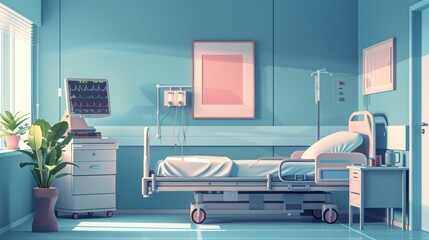 This bright, modern hospital room with a large window, medical equipment, and comfortable furnishings is ideal for patient care and relaxation.
