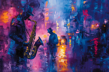  Jazz concept with city light background, broad brushstrokes, vivid and expressive abstract painting.