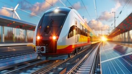 Naklejka premium a hyperreal futuristic high-speed train powered by renewable energy, traveling through a landscape of solar panels and wind turbines, promoting sustainable transportation, offering ample copy space