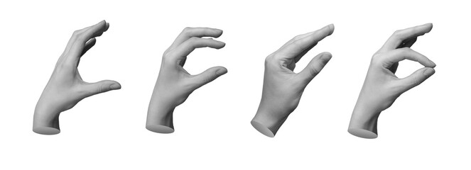 Fingers showing size from big large to little small pinch, hand sign isolated on white background., transparent PNG cutout