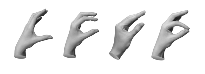 Fingers showing size from big large to little small pinch, hand sign isolated on white background., transparent PNG cutout