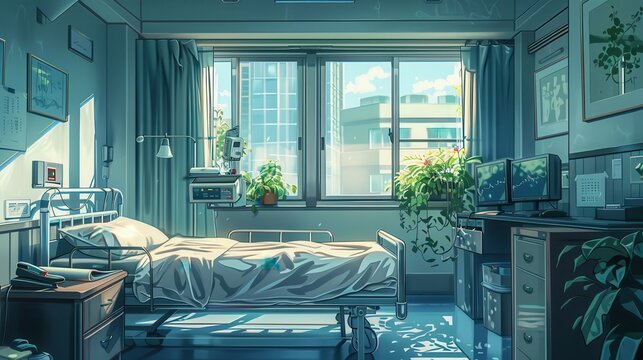 Hospital room with a personal touch, photos and drawings on display, illustration background