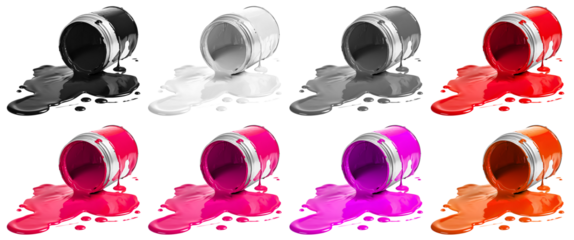 Set collection of paint tin can with spilled smear splash colours of black, grey, white, red, pink, magenta, purple, orange, violet on transparent cutout PNG file. Mockup template for artwork design