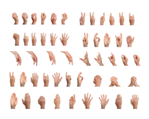 Big gestures set, different hand signs pack isolated on white background., transparent PNG cutout
