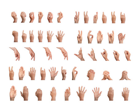 Big gestures set, different hand signs pack isolated on white background., transparent PNG cutout