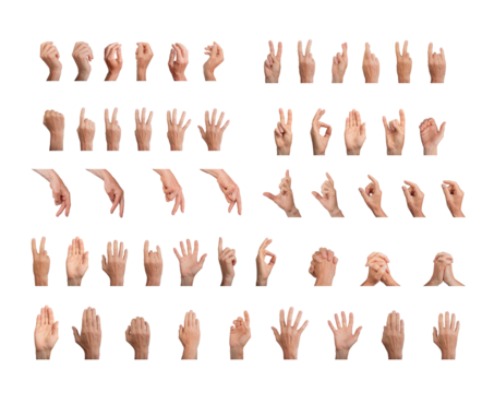 Big gestures set, different hand signs pack isolated on white background., transparent PNG cutout - Powered by Adobe