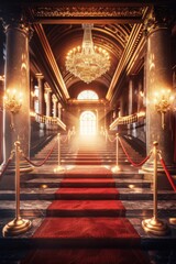 Fototapeta premium Luxurious Grand Staircase with Red Carpet and Glowing Chandelier
