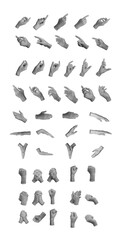 Different gestures set. Fingers pointing, indicating, showing, palms, hand sign isolated on white...