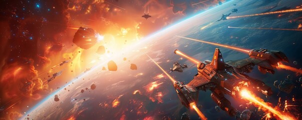 a futuristic space battle scene with starships engaged in combat, laser beams crisscrossing the void, and explosions lighting up the cosmos, providing ample copy space for text