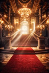 Grand Entrance in Luxurious Historical Building with Red Carpet and Chandelier