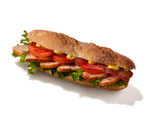 Sandwich isolated on dark background. Sandwich clipping path. Top view. Selective focus and copy space. 