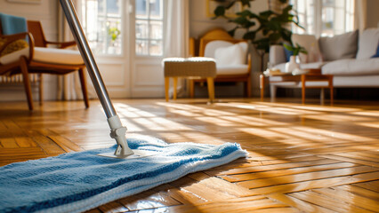 Bright living room showing a mop cleaning a polished wooden floor, with sunlight streaming through the windows, highlighting a neat and tidy home environment.