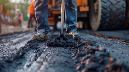 Naklejka premium Worker inspects asphalt paving machine with shovel Focus is selective