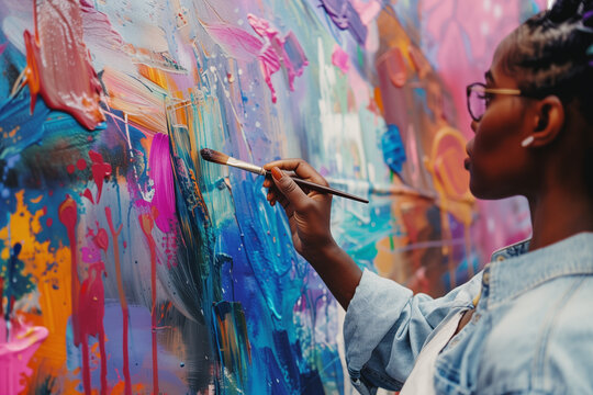 Young African American woman in glasses holding a brush and painting an abstract picture in bright colors. Hobby, art or painting workshop theme. - Powered by Adobe