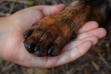 Hand of a young man holding dog's paw. Domastic animals, shelters, pet trainings or friendship theme. Generative AI.