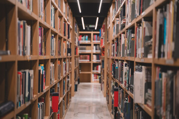 In the quiet interior of the university library, rows of blurry bookcases stretch across the empty room, filled with literature and textbooks offering knowledge.
