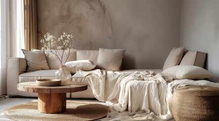 cozy living room with beige sofa round wooden coffee table covered in white linen cloth and natural cotton throw blanket in scandinavian design