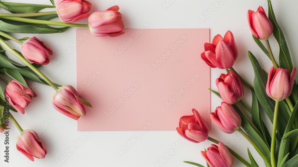 Poster tulips and blank paper on white background with space for text and feminine style top view mockup