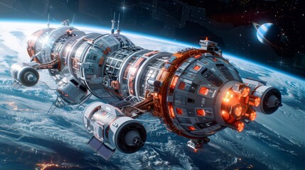 Conceptual design of a futuristic space station with modular habitats and advanced propulsion systems, illustrating next-generation space exploration, offering copy space for text