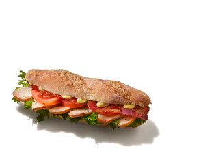 Sandwich isolated on dark background. Sandwich clipping path. Top view. Selective focus and copy space. 