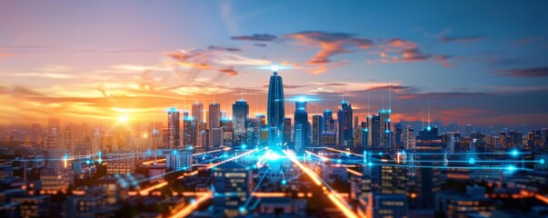 Fototapeta premium Futuristic smart city concept with integrated IoT devices and smart grids, showcasing urban sustainability and digital connectivity, providing clear copy space for text