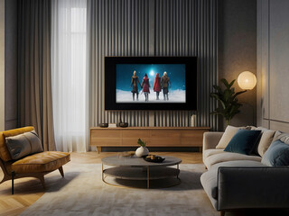 Home theater screen in the apartment design, mock-up design
