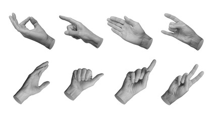 Different gestures set. Zen, pointing finger, palm, horns, reaching out, victory symbol, hand sign...