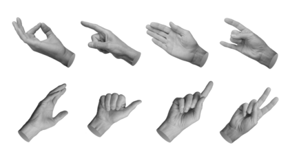 Different gestures set. Zen, pointing finger, palm, horns, reaching out, victory symbol, hand sign isolated on white background, set., transparent PNG cutout