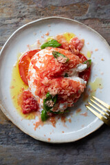 Burrata cheese with frozen tomato, basil and olive oil