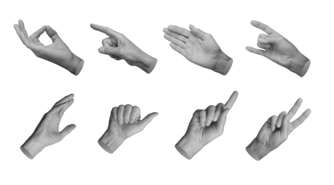 Different gestures set. Zen, pointing finger, palm, horns, reaching out, victory symbol, hand sign isolated on white background, set., transparent PNG cutout