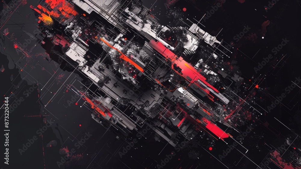 Poster abstract technological circuit board design with black and orange elements. digital art of abstract 