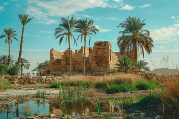 Obraz premium A peaceful oasis surrounds an ancient, crumbling ruin, with tall palm trees swaying gently in the breeze.