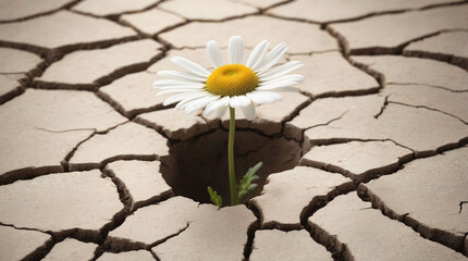 Flower growing on cracked dry soil in arid climate. Water shortage, drought and climate change. Concept of strength, resilience, hope and new life