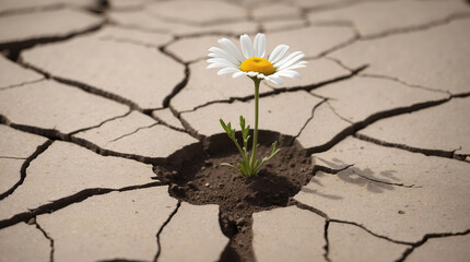 Flower growing on cracked dry soil in arid climate. Water shortage, drought and climate change. Concept of strength, resilience, hope and new life
